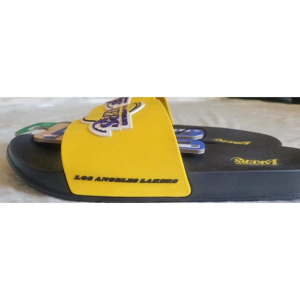 NBA Los Angeles Lakers Mens Slides Yellow Black Logo Sandals Size 10 USA NEW